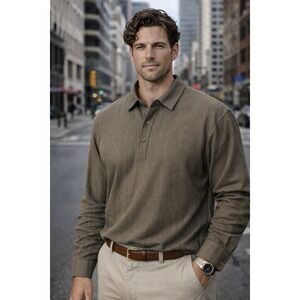 L.L. Bean Mens XL Tall Olive Herringbone Long Sleeve Polo Shirt 100% Cotton